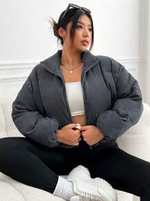 SHEIN EZwear Plus Zip Up Padded Coat For Winter - Dark Grey - View 5