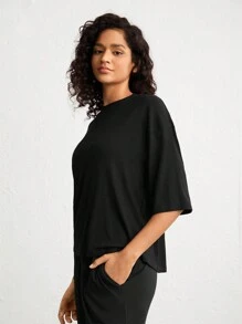素色落肩袖休閒服T恤 - 黑色 - 查看 4