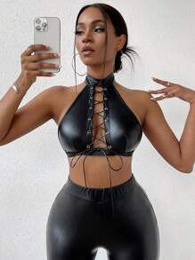 BamGleam Lace Up Front Crop Halter Top - Black - View 5
