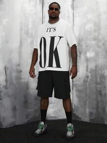 Manfinity RebelGame Loose Plus Size Men Slogan Print Drop Shoulder T-Shirt And Shorts Set - Black and White - View 6