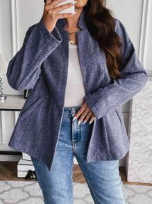 Flirla Plus Marled Knit Open Front Overcoat Fall Cloth For Women - Blue - View 2