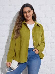 SHEIN Essnce 正面加純色鈕扣燈芯絨夾克 - 綠色 - 查看 5