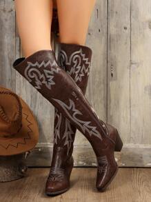 FVPFVP 女士时尚刺绣细节户外骑马靴，西部风格，秋冬季牛仔靴 - 棕色 - 查看 6