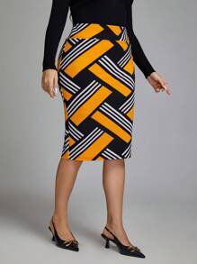 Chikora Plus Striped Print Pencil Skirt - Multicolor - View 5