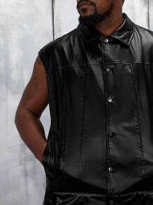 Manfinity VCAY Men Plus Loose Fit Pu Leather Sleeveless Jacket, For Fall Winter - Black - View 4