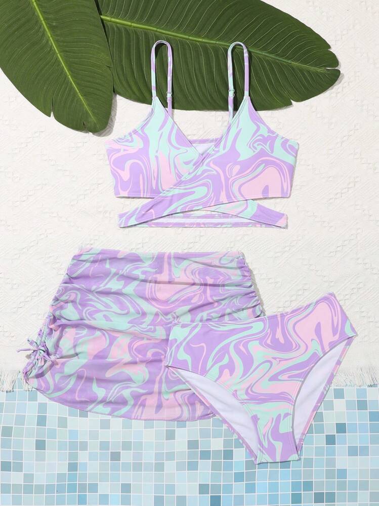 SHEIN Teen Girls Allover Print Wrap Bikini Set With Beach Skirt Summer Beach Summer Holiday - Multicolor - View 5