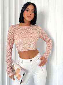 RueChic Solid Crop Lace Tee - Pink - View 4