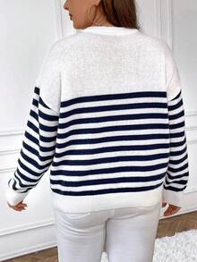 SHEIN Frenchy Plus Striped Pattern Drop Shoulder Sweater - Blue and White - View 2
