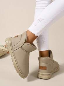 女款短筒雪靴,pu皮面層,防水,防滑,毛絨襯裡,保暖扁平踝靴 - 卡其色 - 查看 4