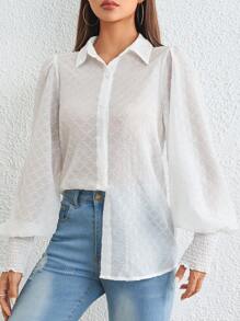 SHEIN Privé Chất rắn Nút phía trước Áo sơ mi - trắng - Xem 6