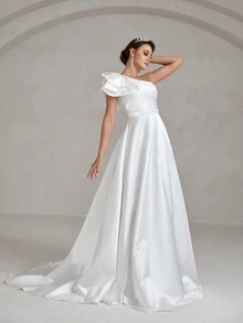 Faeriesty Wedding Dress Bridal Gown: Asymmetrical One-Shoulder Ruffle Accent A-Line Dress With Thigh-High Slit & Luxe Satin Fabric – Perfect For Wedding Ceremonies, Formal Receptions, Bridal Portraits, Destination Galas, Luxury Receptions,Bride - White - View 4