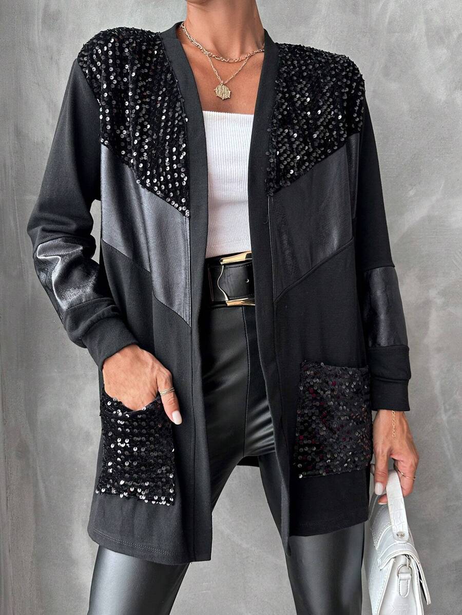 EURMUSE Contrast Sequin Dual Pocket Open Front Coat - Black - View 1