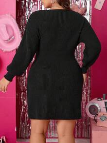 Celure 大碼字母圖案燈籠袖毛衣洋裝 - 黑色 - 查看 2