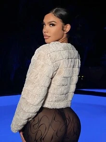 SHEIN SXY 前開式毛絨外套 - 杏色 - 查看 2