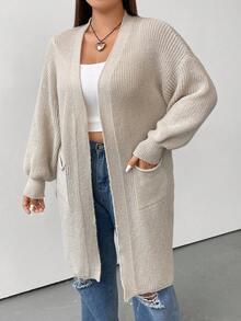 Flirla Plus Dual Pocket Drop Shoulder Duster Cardigan - Apricot - View 4