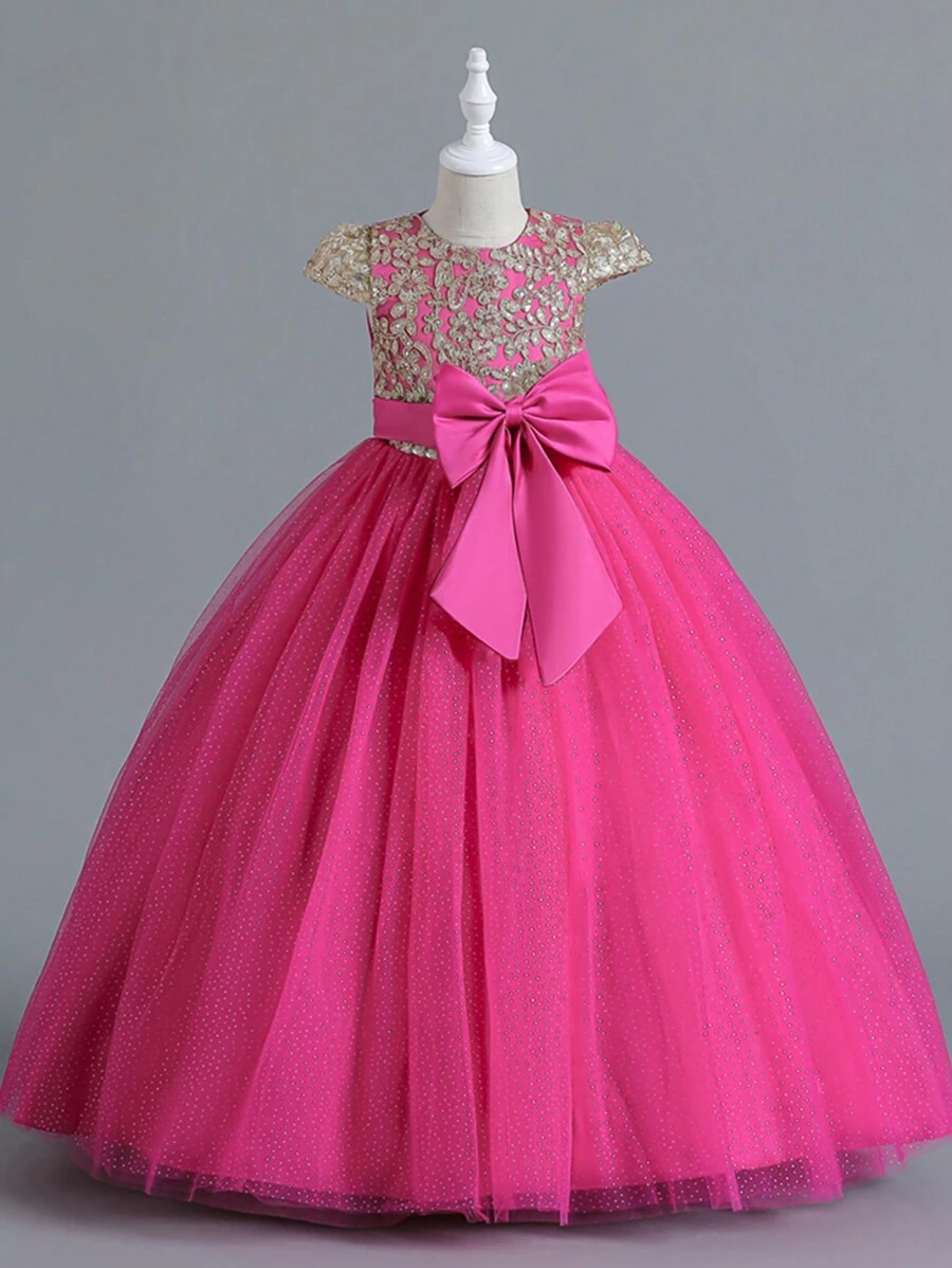 Girls' Elegant Bowknot Princess Dress, Suitable For Holiday Party And Formal Occasions (Please Refer To The Size Chart In The Product Details To Select The Appropriate Size)