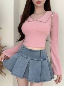 DAZY 纯色短款长袖女式上衣，秋季女装 - 粉色 - 查看 6