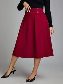 SHEIN Clasi 加鈕扣細節褶皺細節喇叭裙 - 紅色 - 查看 2