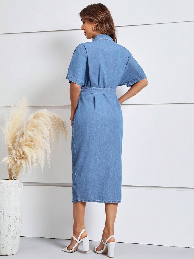 Batwing Sleeve Belted Denim Shirt Dress