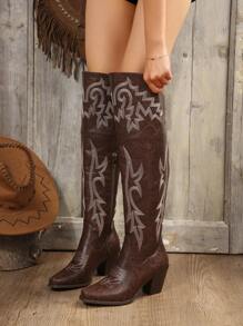 FVPFVP 女士时尚刺绣细节户外骑马靴，西部风格，秋冬季牛仔靴 - 棕色 - 查看 4