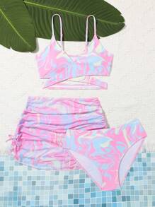 Conjunto de bikini envolvente con estampado integral y falda de playa para adolescentes, de verano