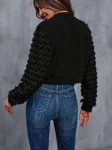 SHEIN LUNE Solid Zipper Up Crop Bomber Jacket - Black - View 2