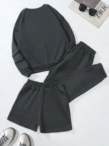 SHEIN Unity 3pcs Women Casual Letter Print Dropped Shoulder Loose Sweatshirt, Sweatpants And Shorts Set, Suitable For Spring, Autumn And Winter - Dark Grey - View 2