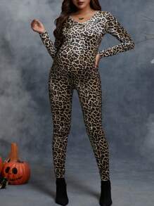 SHEIN Maternity Halloween Leopard Print Unitard Jumpsuit - Apricot - View 4