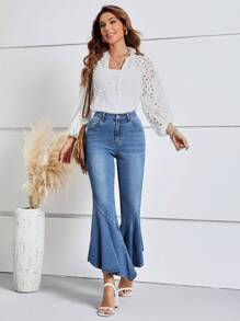 SHEIN LUNE Asymmetrical Raw Hem Flare Leg Jeans