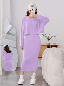 少女(大尺寸)優雅休閒紫色長袖T恤和V領背心裙2件式套裝 - 淡紫色 - 查看 4