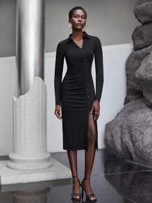Maija Ruched Front Split Thigh Bodycon Dress - Black - View 5