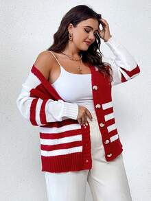 Celure 大碼條紋圖案落肩袖開襟衫 - 彩色 - 查看 3