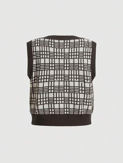 Plaid Pattern Button Placket Sweater Vest Without Shirt