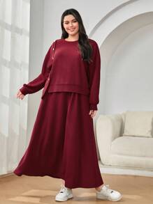 Mulvari Burgundy Red Plus Drop Shoulder Button Detail Sweatshirt & Skirt