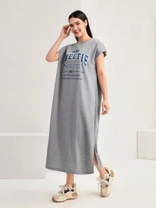 Mulvari 標語圖案蝙蝠翼袖T恤洋裝 - 淺灰色 - 查看 5