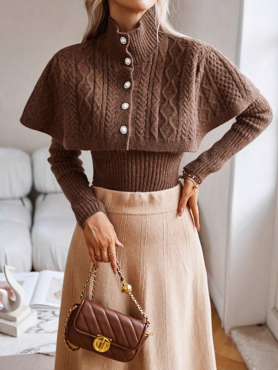 SHEIN Privé 麻花編織開襟衫&小高領針織披肩 - 棕色 - 查看 1