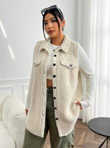 SHEIN EZwear Plus Flap Detail Teddy Vest Coat, For Winter - Beige - View 3