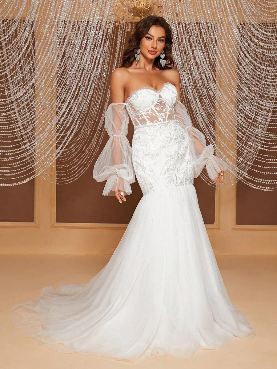 YISIKADO Off Shoulder Lưới thêu Tay áo loe Nàng tiên cá Hem Váy dự tiệc - trắng - Xem 1