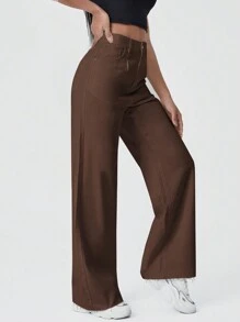 SHEIN EZwear Quần jean nữ Nút Túi Dây kéo màu trơn - Màu nâu Sô-cô-la - Xem 1