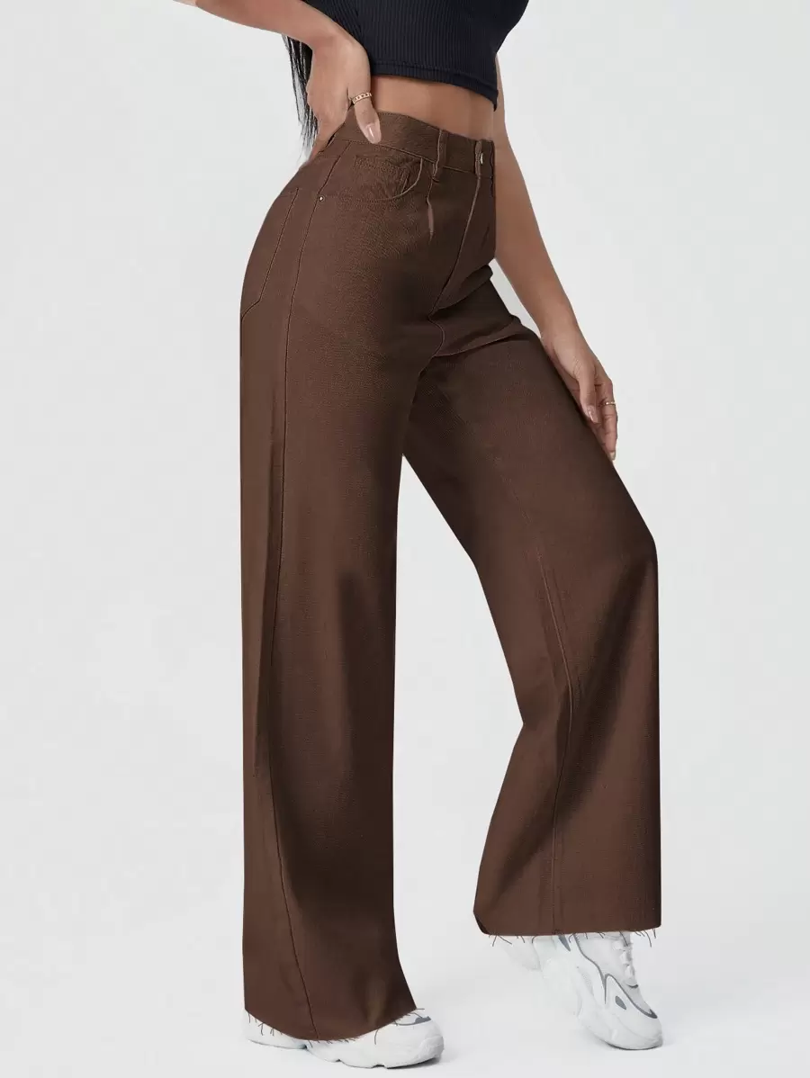 SHEIN EZwear Quần jean nữ Nút Túi Dây kéo màu trơn - Màu nâu Sô-cô-la - Xem 1