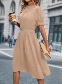 SHEIN Clasi 素色泡泡袖腰帶A字洋裝 - 卡其色 - 查看 4