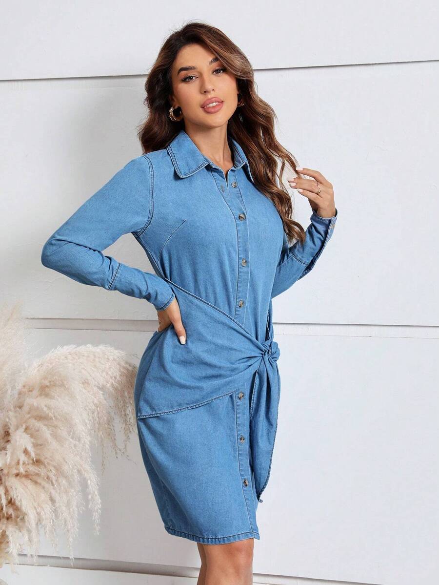 SHEIN Clasi Knot Side Button Front Denim Dress - Light Wash - View 1