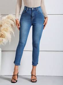 SHEIN LUNE Split Hem Skinny Jeans - Dark Wash - View 5