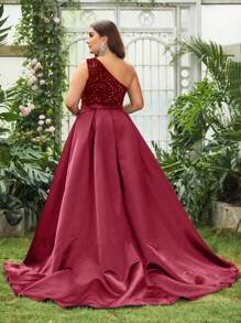 Plus One Shoulder Contrast Sequin Split Thigh Party Dress