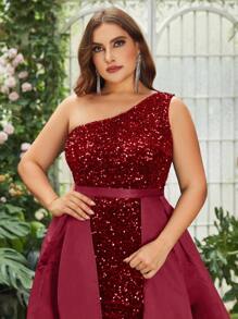 Plus One Shoulder Contrast Sequin Split Thigh Party Dress