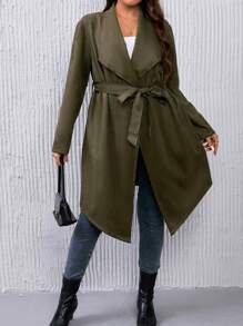 SHEIN LUNE Plus Waterfall Collar Belted Coat - Army Green - View 4