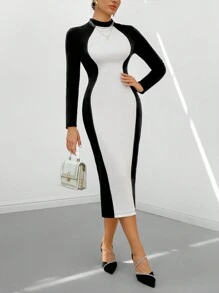 SHEIN Privé Two Tone Mock Neck Bodycon Dress