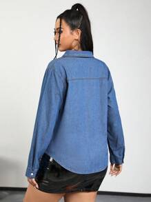 SHEIN ICON 加蓋袋牛仔襯衫 - 藍色 - 查看 2