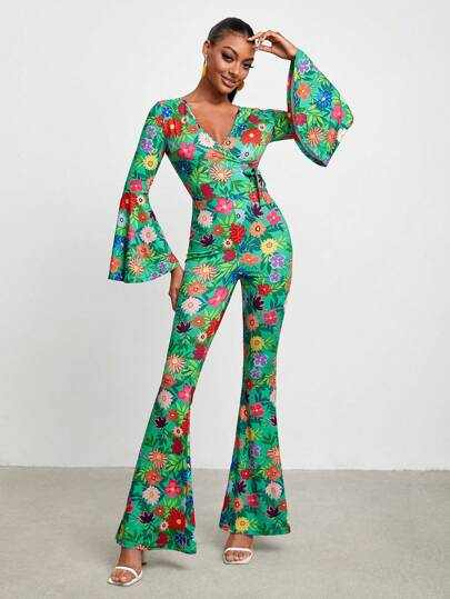 BELANGE HANDMADE Designer Floral Print Flare Leg Jumpsuit, Fall, For Autumn & Winter, Holiday, Vacation, Spring & Summer, Beach, Festival