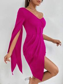 SHEIN PETITE 單肩開衩袖圍裹連衣裙